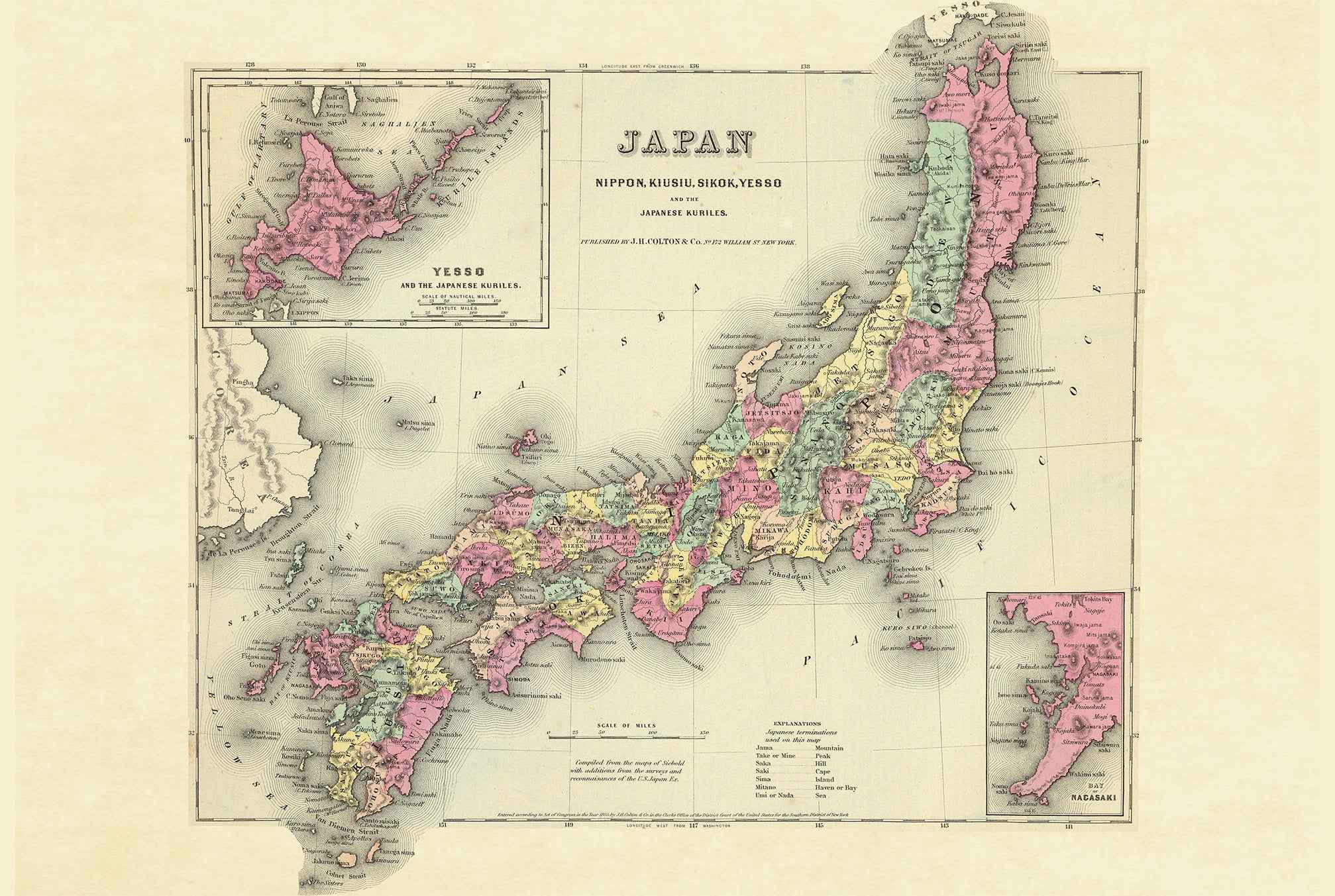 1856 Japan Map Poster - Nippon with Kiusiu, Sikok and Yesso Detail, Hand-Colored Regions - Strategy Maps